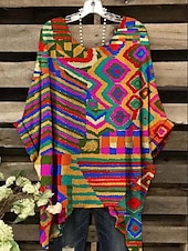 preiswerte Damen Streifen- und geometrische Oberteile-Damen Boho-Hemd Blumen Grafik Geometrisch Elegant Bohemien Aktiv Kurzarm Fledermaus Ärmel Rundhalsausschnitt Normale Oberteile Täglich Ferien Strandbekleidung Druck Weiß Gelb Rote Blau Purpur Sommer