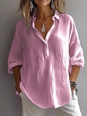 preiswerte Hemden-Damen Weiße Baumwollbluse Einfarbig Basic Lässig Langarm Hemdkragen Normale Oberteile Täglich Knöpfe Weiß Rosa Purpur Grün Sommer