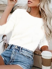 baratos Blusas Simples Femininas-Mulheres Camisa Social Côr Sólida à moda Casual Manga 3/4 Decote Canoa Tops regulares Diário Branco Rosa Bege Cinzento Primavera Outono