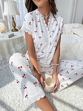 billiga Sovtoppar och underdelar till dam-Dam Pyjamas set Ledigt Komfort Körsbär Elastisk midja Skjorta Byxa Hem Dagligen Kortärmad V-hals Vit Sommar Vår Höst Normal