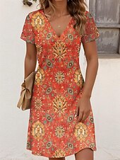 tanie Sukienki boho-Damskie Sukienka mini Sukienka t-shirtowa Sukienka letnia Urlop Codzienny Boho Wyjściowe Regularny Graficzny W Tureckie Wzory Krótki rękaw W serek Czarne złoto jesion Czarny Czerwony Lato Wiosna