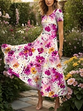 abordables Robes fleuries-Femmes Robe maxi Robe Décontractée Robe trapèze Robe d&#039;été Élégant Vacances Occasionnel Coupe régulière Fleuri Graphique Manche Courte Col carré Jaune Rouge Bleu Violet Été Automne