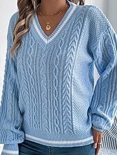 preiswerte Einfarbige Farben-Damen Pullover Lässig Farbblock Gerippt V Ausschnitt Patchwork Gestrickt Langarm Normale Oberteile Stricken Täglich Ferien Ausgehen Weiß Blau Herbst