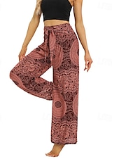 baratos perna larga e cintura alta-Mulheres Perna larga Calças Casual Boho Comprimento total Cintura Alta Imprimir Bolsos Design de cordão elástico Respirabilidade Macio Micro-Elástica Férias Rua Roupa Diária Vermelho Verde Verão