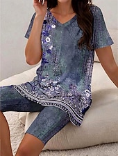 ieftine Seturi scurte pentru femei-Pentru femei Vacanță Epocă Modă Tricou Seturi de pantaloni scurți Manșon scurt În V Floral Grafic Imprimeu Casul / Zilnic Verde Deschis Mov Strugure Albastru Marin Închis Vară Fit regulat