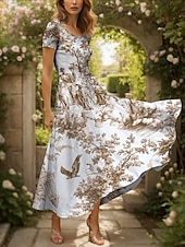 preiswerte Blumenkleider-Damen Maxikleid Freizeitkleid A Linie Kleid Sommerkleid Elegant Urlaub Lässig Normale Passform Grafik Blatt Vogel Kurzarm Quadrathals Rundausschnitt Schwarz und Weiß Gelb Rote Blau Sommer Herbst