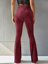 cheap Women's Flare Pants-Women's Corduroy Pants Bell Bottom Fashion Streetwear Full Length Natural Plain Elastic Waist Outdoor Comfortable Outdoor Street Weekend claret Deep Green Apricot Grey Fall Regular Fit