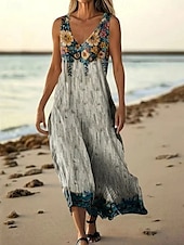 preiswerte Druck Blumen Kleider-Damen Langes Kleid Maxikleid Freizeitkleid Trägerkleid Sommerkleid afrikanisch Täglich Ferien Strand Normale Passform Blumen Ärmellos V Ausschnitt Grau Sommer