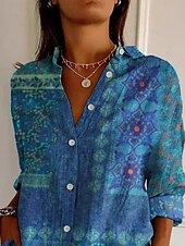 abordables Tops bohèmes-Femmes Chemise Boutons Imprimé Fleuri Graphique ancien Ethnique manche longue Col de chemise Hauts Réguliers Quotidien Fête Bleu Printemps Automne