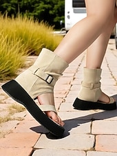 abordables Sandales de Vacances-Sandales gladiateur beiges à bride cheville pour femme avec bride à boucle et semelle plateforme noire – Chaussures de voyage décontractées pour l&#039;été, le camping et les aventures en plein air