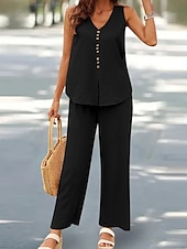 abordables Ensembles chemisiers pour femmes-Femmes Mode Streetwear Quotidien Ensembles de Pantalons Sans manches Col en V Uni Occasionnel Quotidien Noir bleu marine Vert Été Coupe Ample
