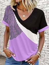 billige Stripe og geometrisk t-skjorte-Dame T skjorte Grafisk Geometrisk Årgang Stilfull Moderne Kortermet V-hals Vanlige topper Daglig Trykt mønster Rosa Blå Lilla Grønn Kakifarget Sommer