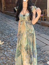 voordelige Elegante bloemenjurken-Dames Lange jurk maxi-jurk Jurk met print Modern Vakantie Feestdagen Teaparty Normale pasvorm Bloem Mouwloos V-hals Groen Zomer