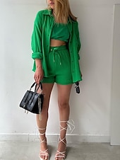 voordelige Korte sets voor dames-Dames Elegant Modieus Streetwear Katoenen linnen sets Lange mouw Overhemdkraag Effen Kleur Buiten Werk Casual Zwart Paars Oranje Zomer Ruim Passend