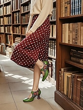 preiswerte Mary Jane Pumps-Women's Green Leather Mary Jane Heels with Floral Print, Ribbon Ties, and Retro Style - Perfect for Vintage-Themed Events and Daily Elegance