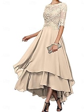 abordables Longueur du thé-Ligne A Robe de Mère de Mariée  Élégant Simple Col Bateau Asymétrique Polyester Demi Manches avec Couleur Unie 2025