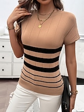 billige Grafiske mønstre og detaljer-Dame Bluse Stripet Stilfull Fritid Kortermet Crew-hals Vanlige topper Daglig Lapper Svart Hvit Brun Kakifarget Sommer