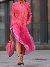 abordables Robes fleuries décontractées-Femmes Robe Midi Robe Fleurie Mode Classique Moderne Extérieur Vacances Quotidien Coupe régulière Léopard manche longue Col en V Bleu Vert Rose rouge Été
