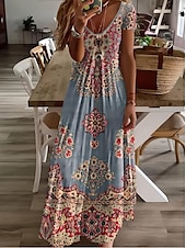 abordables Robes Boho-Femmes Robe Midi Robe d&#039;Été Robe trapèze Vacances Occasionnel Boho Sortir Plage Coupe Standard Fleuri Graphique Manche Courte Col en V Gris vert Blanche Vert Claire Rouge Été Printemps