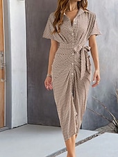 cheap Stripe&amp;Geometric Dress-Women&#039;s Midi Dress Sheath Dress Summer Dress Casual Daily Regular Fit Graphic Short Sleeve Lapel Black Brown Summer
