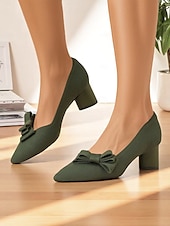 preiswerte Block Heels-Grüne Strick-Blockabsätze mit Schleife für Damen – atmungsaktives Flyknit-Gewebe, leichte und bequeme Mittelabsätze für den Weg zur Arbeit, das Büro und den Alltag