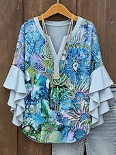 abordables Hauts d&#039;Art et de Design pour Femmes-Femmes Chemisier A Ombre Graphique Abstrait Bohème ancien Quotidien Manche 3/4 Col en V Hauts Réguliers Quotidien Fête Vêtements de vacances Imprimé Rose Claire Bleu Violet Orange Vert Été Printemps