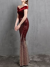 cheap RED-Mermaid / Trumpet Evening Gown Elegant Dress Formal Wedding Floor Length Short Sleeve Off Shoulder Velvet with Beading