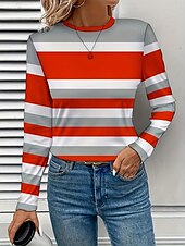 ieftine Tricou cu dungi și geometric-Pentru femei Tricou Grafic Geometric Dungi Epocă Stilat Clasic Manșon Lung Stil Nautic Rotund Topuri obișnuite Zilnic Imprimeu Roz Îmbujorat Roșu-aprins Fucsia Vară Primăvară Toamnă