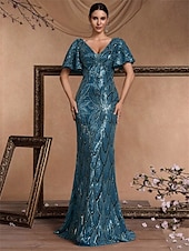 cheap BLUE-Mermaid / Trumpet Quinceanera Dresses Elegant Dress Formal Wedding Floor Length Short Sleeve V Neck Polyester V Back with Sequin 2025