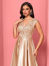 abordables Champagne-Robe A-Line Quinceanera Robes Élégante Robe de Mariage Formelle Longueur Maxi Sans Manches Col V Polyester avec Plis