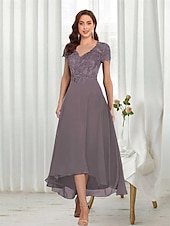 abordables Ensembles de robes pour maman-Ligne A Robe de Mère de Mariée  Élégant Simple Col en V Asymétrique Polyester Demi Manches avec Couleur Unie 2025