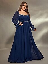 preiswerte BLAU-A-Linie Abendkleid Elegant Kleid Formell Hochzeit Bodenlang Langarm Quadrathals Chiffon mit Falten 2025