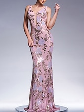 cheap FLORALS-Mermaid / Trumpet Evening Gown Elegant Dress Formal Wedding Floor Length Sleeveless V Neck Lace with Sequin