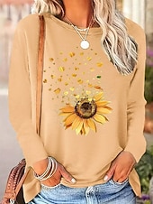 billige Blomster t-skjorte-Dame T skjorte Blomstret Grafisk Årgang Stilfull Klassisk Langermet Crew-hals Rund hals Vanlige topper Daglig Helg Trykt mønster Svart Kakifarget Grå Sommer