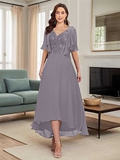 abordables Ensembles de robes pour maman-Ligne A Robe de Mère de Mariée  Élégant Simple Col en V Asymétrique Polyester Demi Manches avec Couleur Unie 2025