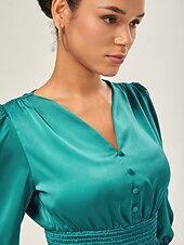 abordables Chemises et blouses-élégant chemisier cintré en satin vert lac