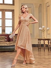 cheap CHAMPAGNE-A-Line Quinceanera Dresses Elegant Dress Formal Wedding Asymmetrical Short Sleeve V Neck Polyester V Back with Sequin