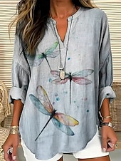 billige Dyr Topp-Dame Bluse Grafisk Dyr Dragonfly Bohem Årgang Tropisk Langermet V-hals Vanlige topper Daglig Ferie Strand Klær Trykt mønster Navyblå Dusty Blue lysegrå Beige Sommer Vår