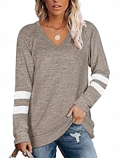 billiga Randig och geometrisk t-shirt-Dam T-shirt Randig Mode Stylish Modern Långärmad V-hals Vanliga toppar Dagligen Helgen Mönster Svart Blå Grön Kaki Sommar