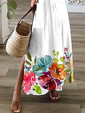 preiswerte Blumenkleider-Damen Maxikleid Freizeitkleid Sommerkleid A Linie Kleid Elegant Urlaub Lässig Ferien Strand Normale Passform Ombre Blumen Grafik Kurzarm V Ausschnitt Weiß Sommer Frühling