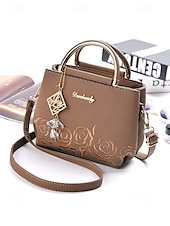 cheap Handbag &amp; Totes-Women&#039;s Embroidered Rose Tote Bag with Gold Top Handle and Shoulder Strap - Elegant Faux Leather Crossbody Bag for Commuter, Leisure and Weekend Outings