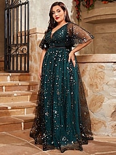 billiga GRÖN-A-Linje Kvällsklänning Elegant Klänning Formell Bröllop Golvlängd Kort Ärmm V-Neck Tyll med Fällningar