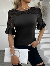 voordelige Kant Tops-Dames Kanten overhemd Effen Kleur Stijlvol Casual Halve mouw Strakke ronde hals Normale tops Dagelijks Kant Lapwerk Zwart Blozend Roze Paars Groen Zomer