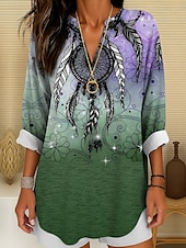 preiswerte Damen Boho Tops-Damenbluse Langarm Tunika Tops Graphic Bohemia Vintage Tropical V-Ausschnitt Reguläre Tops Tägliche Urlaub Strandbekleidung Druck Blau Lila Braun Grün Sommer Frühling