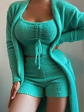 ieftine Bluze și pantaloni de pijama pentru femei-Pentru femei Set pijama 3 Piese Casual Confortabili Culoare pură Talie elastică pufos Tricou Pantaloni Scurți Casă Zilnic Manșon Lung Stil Nautic Negru Alb Roz Îmbujorat Albastru piscină Trifoi