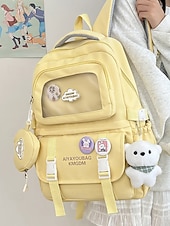 tanie Plecaki dla dzieci i nastolatków-dziewczęcy plecak szkolny w kolorze makaroników - wodoodporny, o dużej pojemności, z ozdobnymi szpilkami, brelokiem w kształcie pluszowego misia i wieloma kieszeniami, odpowiedni dla nastoletnich uczennic i do codziennego użytku na uczelni