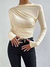preiswerte Einfarbiges T-Shirt-Damen Bluse Einfarbig Elegant Stilvoll Basic Langarm Rundhalsausschnitt Normale Oberteile Täglich Gerafft Schwarz Weiß Braun Hellgrau Aprikose Sommer Frühling