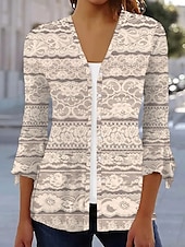 billige Stripe og geometrisk t-skjorte-Dame T skjorte Grafisk Stripet Elegant Årgang Stilfull 3/4 ermer V-hals Vanlige topper Daglig Trykt mønster Navyblå Beige Lyseblå Sommer