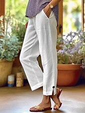 abordables Pantalon uni en coton et lin-Femmes Pantalon en coton et lin Chinos ancien Mode Basique Longueur complète Taille haute Uni Avec Poches Confort Extérieur Non Elastique Vacances Rue Quotidien Vert foncé Bleu marine Blanche Rose