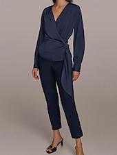 cheap Mom&#039;s Pant Suits-Two Piece Jumpsuit / Pantsuit Pantsuit Mother of the Bride Pantsuit Elegant Vintage Simple V Neck Ankle Length Satin Top Stretch Crepe Pants V Long Sleeve with Bow(s) Ruched